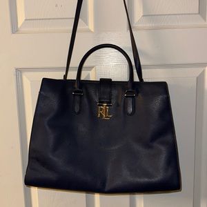 RALPH LAUREN GENUINE LEATHER LARGE BAG. GOLD AND NAVY BLUE HANDBAG/STRAPPED